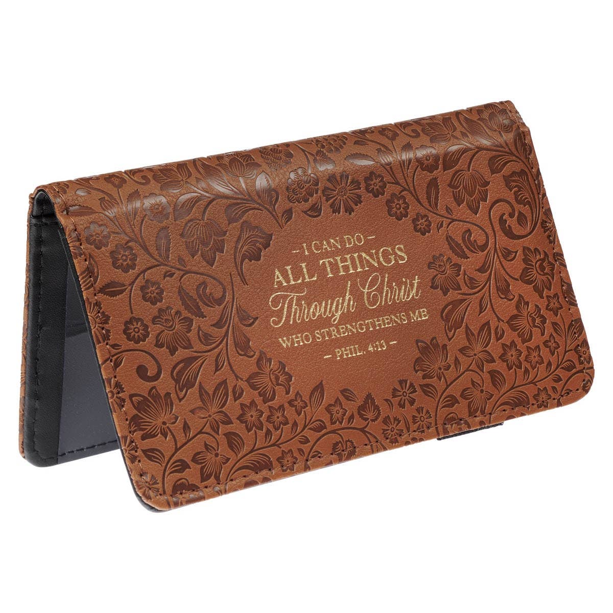 Brown checkbook wallet with "All Things Phil. 4:13" Christian art design, featuring multiple card slots and a spacious cash compartment.