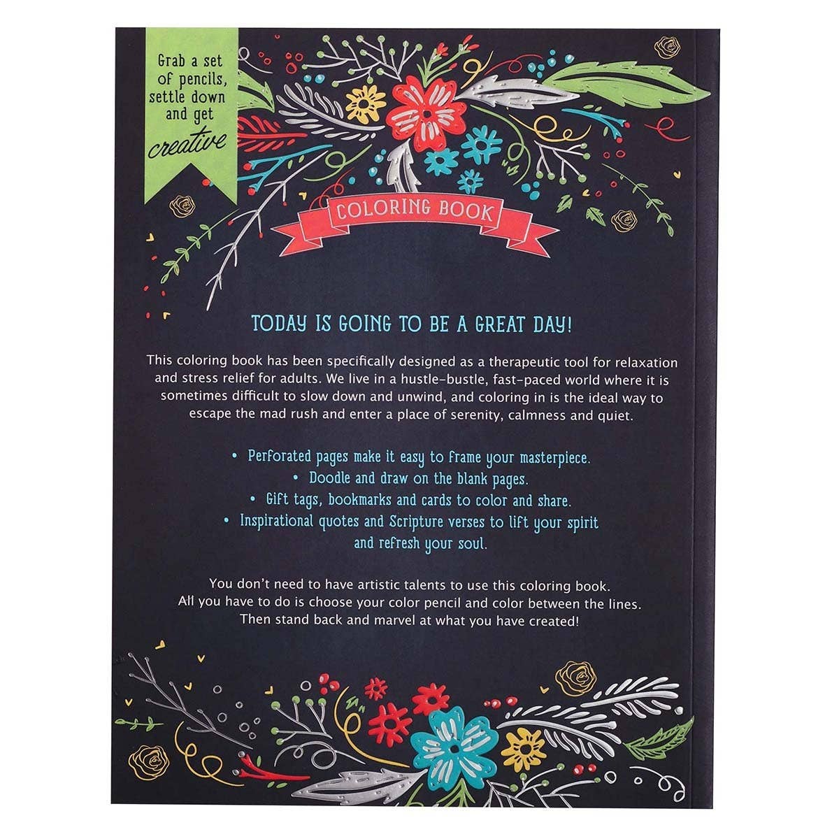 Coloring book titled "A Great Day" by Christian Art Gifts, featuring illustrated pages for creative coloring and relaxation.