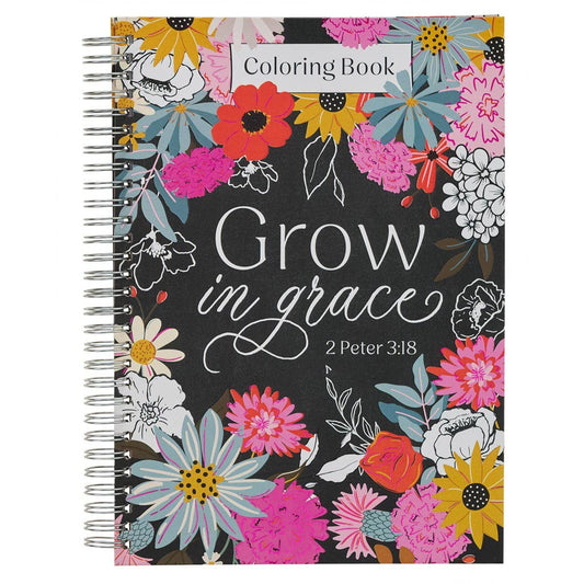 Spiral-bound Christian coloring book titled "Grow in Grace" with 2 Peter 3:18, featuring intricate religious illustrations for coloring.