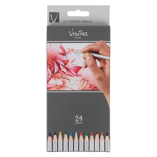 Christian Art Gifts Veritas 24-pack coloring pencils set with vibrant colored pencils arranged in a display.
