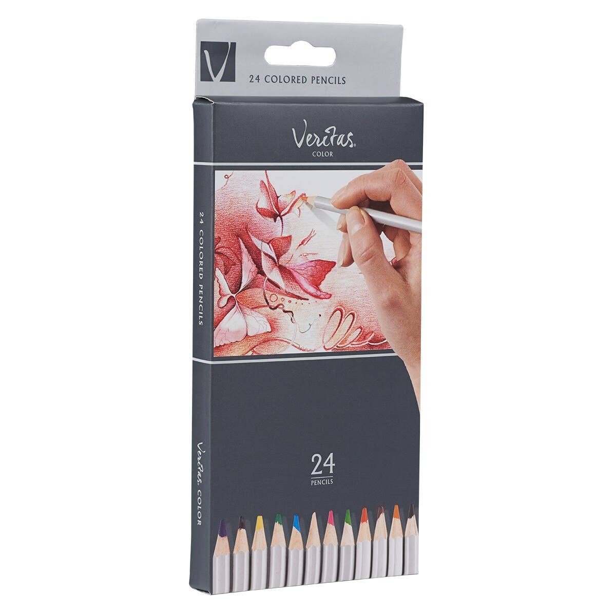 Set of 24 Christian Art Gifts Veritas coloring pencils arranged in a box, showcasing vibrant colors for creative art projects.