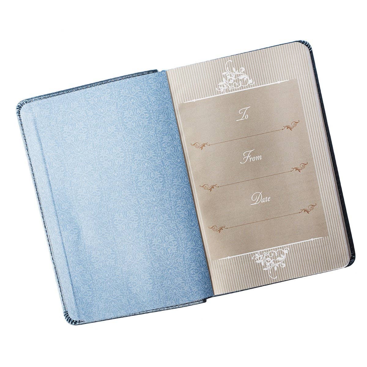 Blue faux leather devotional for Mr. & Mrs. by Christian Art Gifts, featuring embossed floral design and gold foil accents.