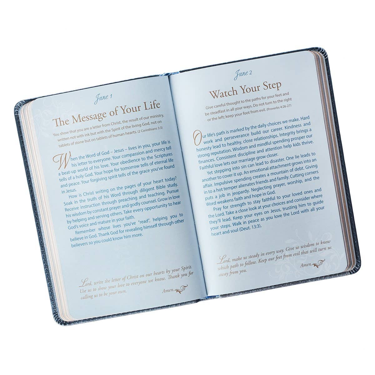 Blue faux leather devotional book for couples, titled "Mr. & Mrs.," from Christian Art Gifts, with decorative gold accents.