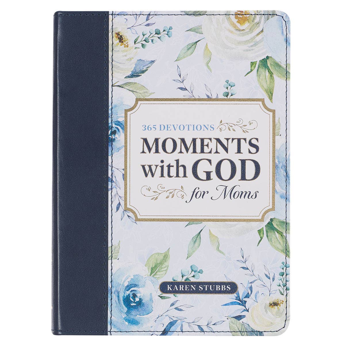 Faux leather devotional book titled "Devotional Moments with God" for moms, with Christian Art Gifts branding.
