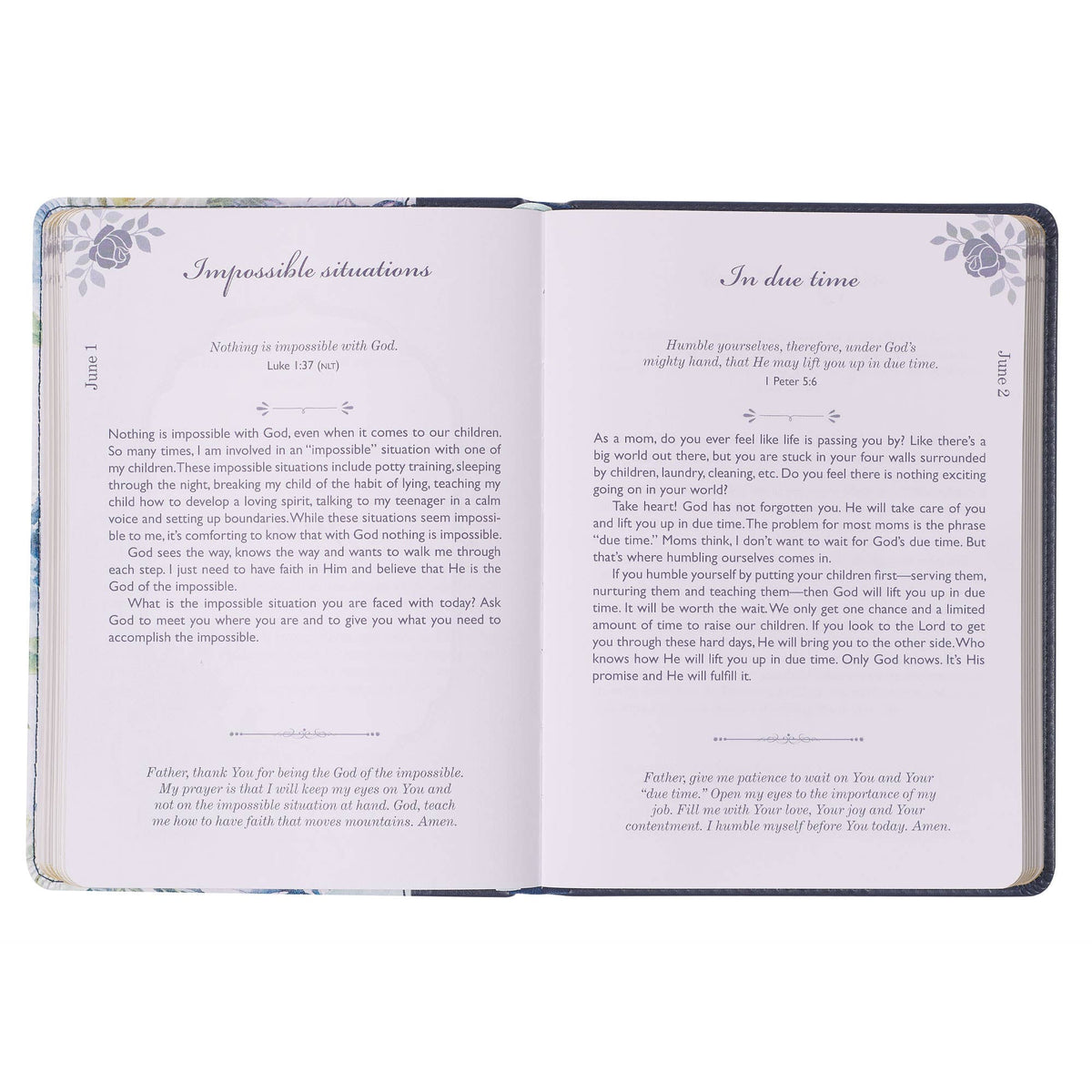 Faux leather devotional book titled "Devotional Moments with God for Mom" by Christian Art Gifts, featuring a textured brown cover.