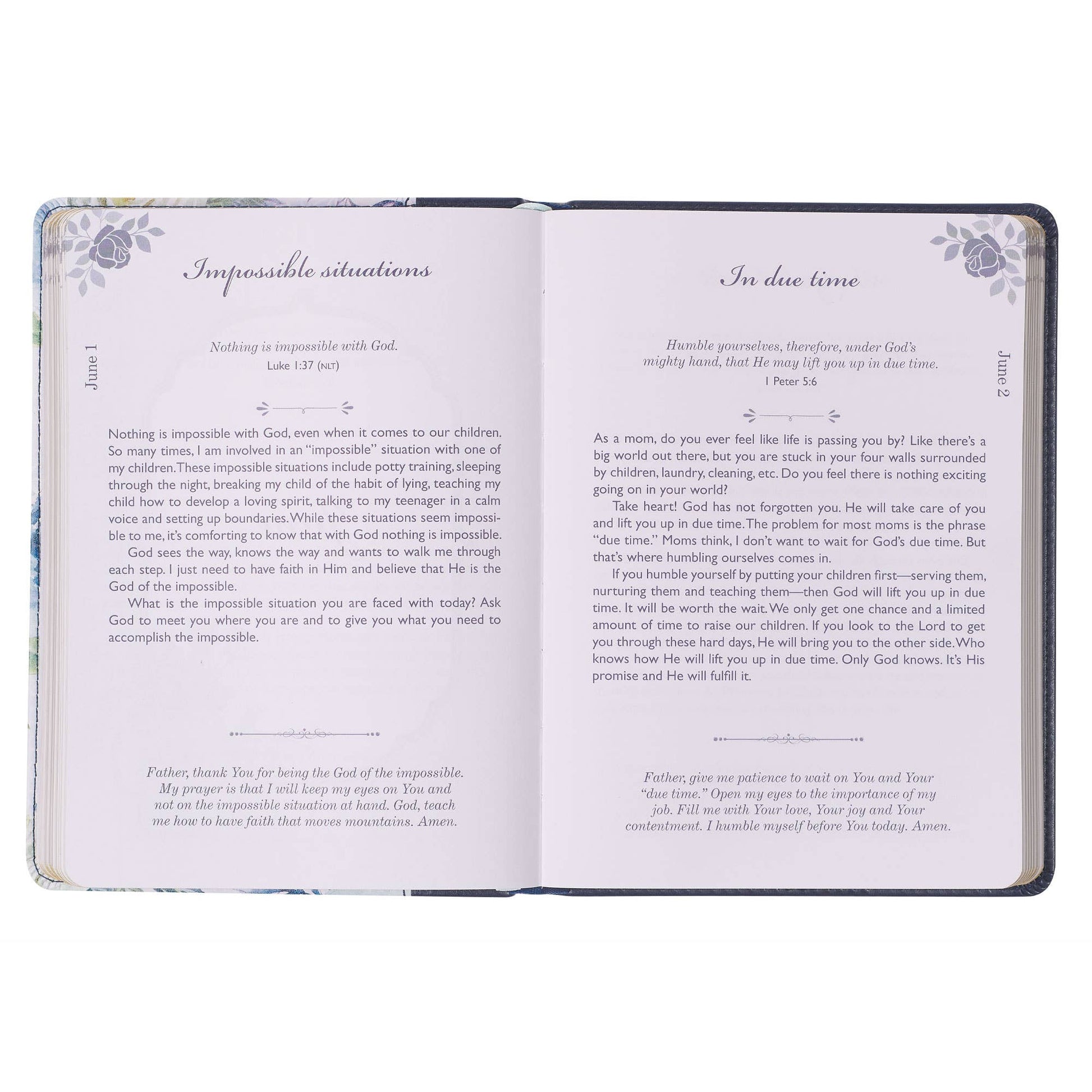 Faux leather devotional book titled "Devotional Moments with God for Mom" by Christian Art Gifts, featuring a textured brown cover.