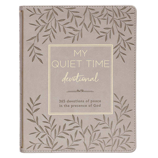 Faux leather devotional journal titled "My Quiet Time" by Christian Art Gifts, with a textured black cover and gold embossed lettering.