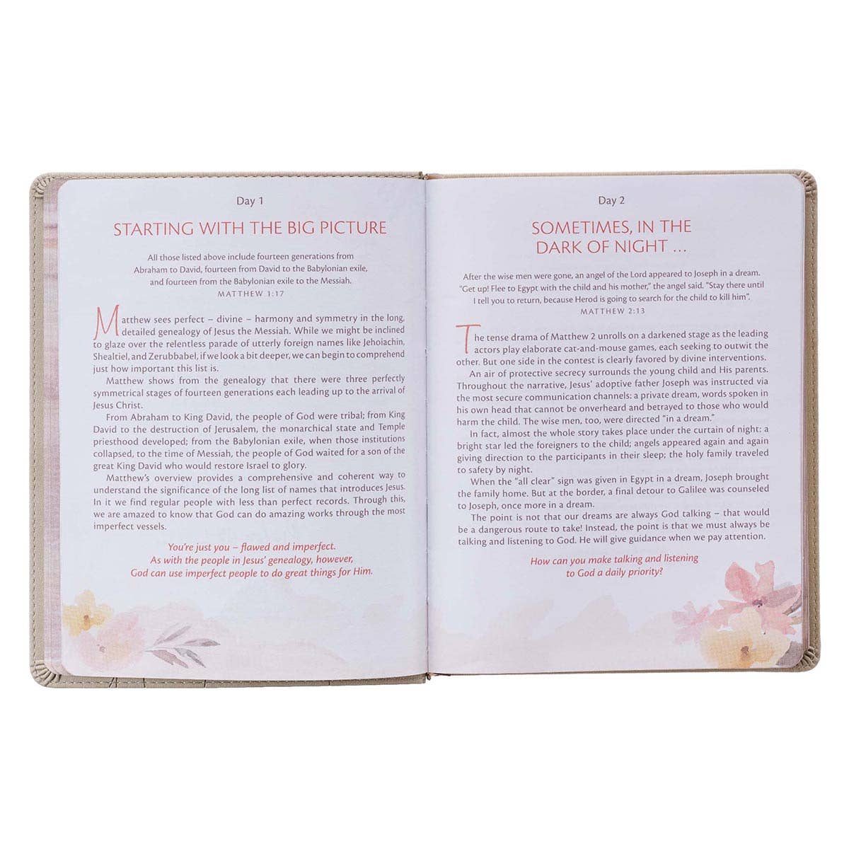 Devotional My Quiet Time faux leather cover with Christian Art Gifts branding, featuring a textured dark brown surface and gold embossed details.