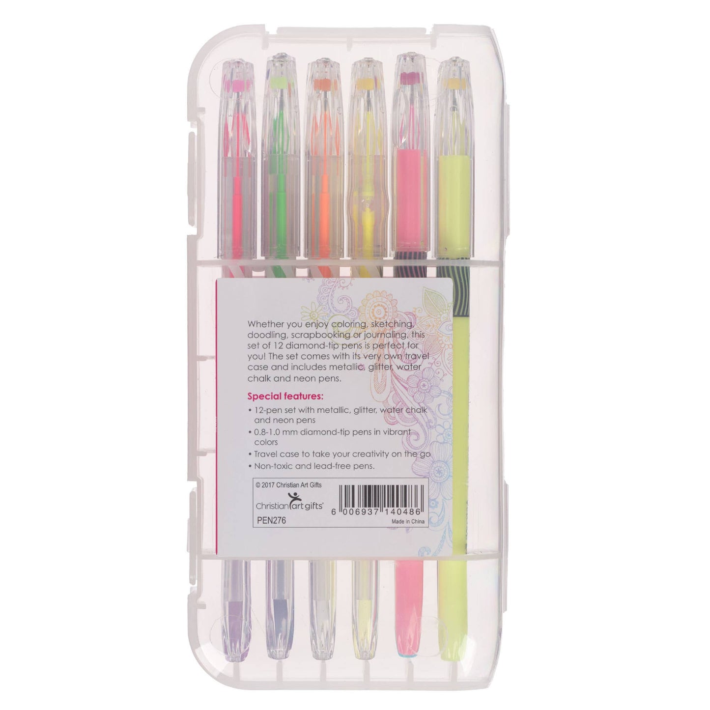 Christian Art Gifts 12-piece gel pen set with colorful ink, featuring smooth-writing gel pens in assorted vibrant colors.