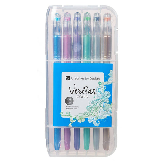 12-pack Christian Art Gifts metallic and glitter gel pen set with colorful ink, perfect for creative writing and arts projects.