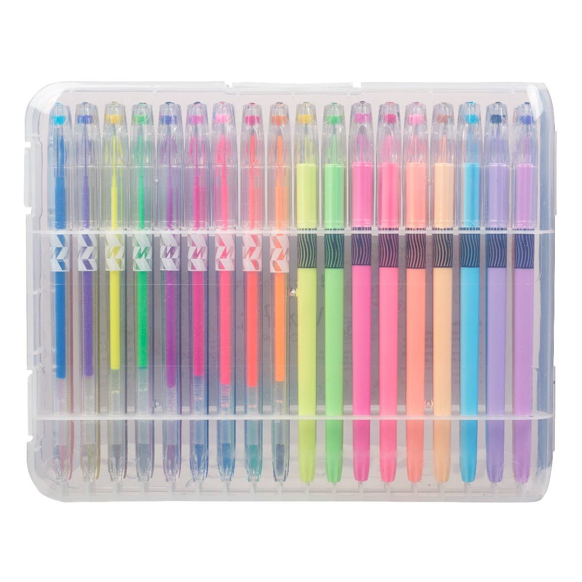Christian Art Gifts gel pen set with 36 colorful assorted gel pens arranged in a box, ideal for writing and creative projects.