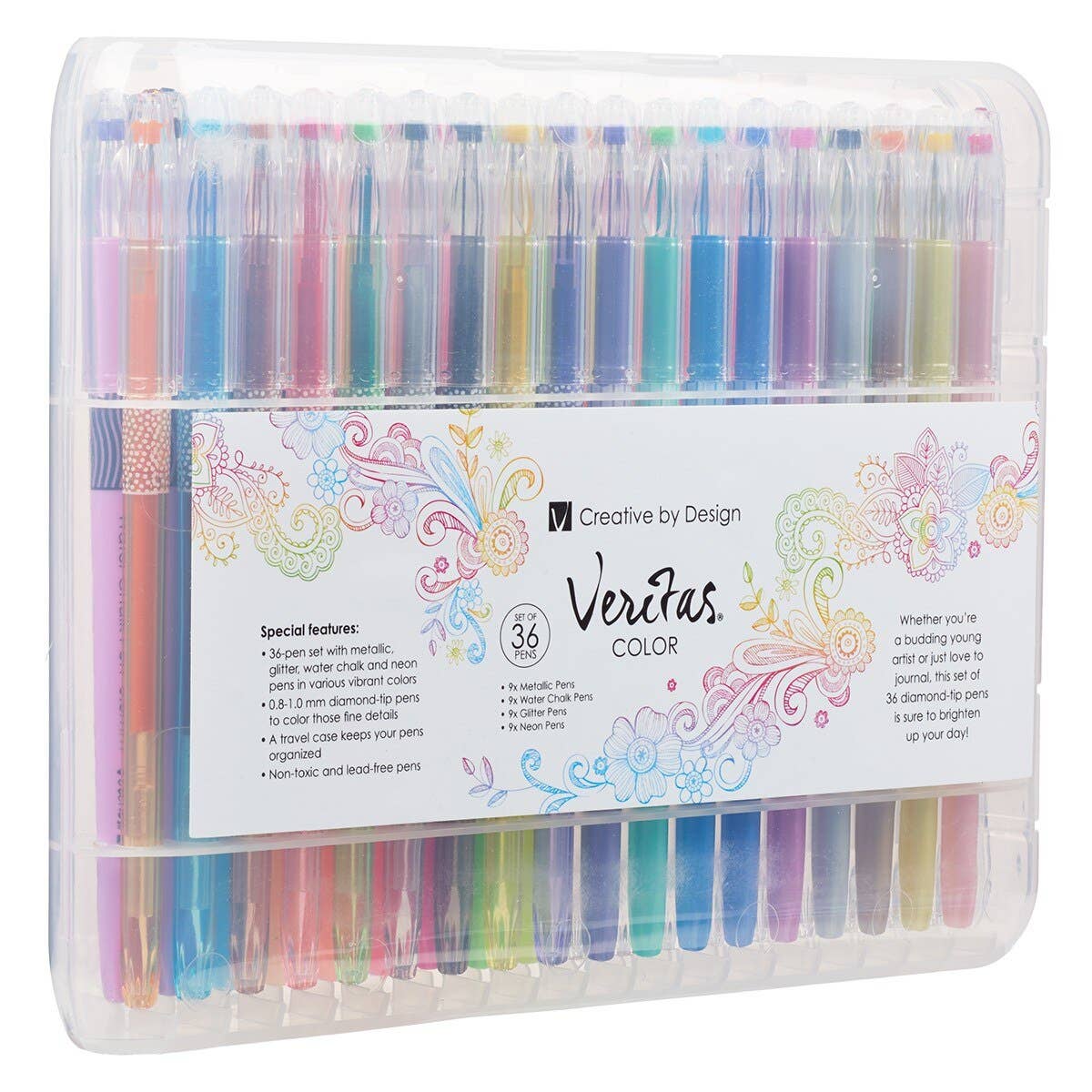 Christian Art Gifts gel pen set with 36 assorted colorful gel pens arranged in a display tray
