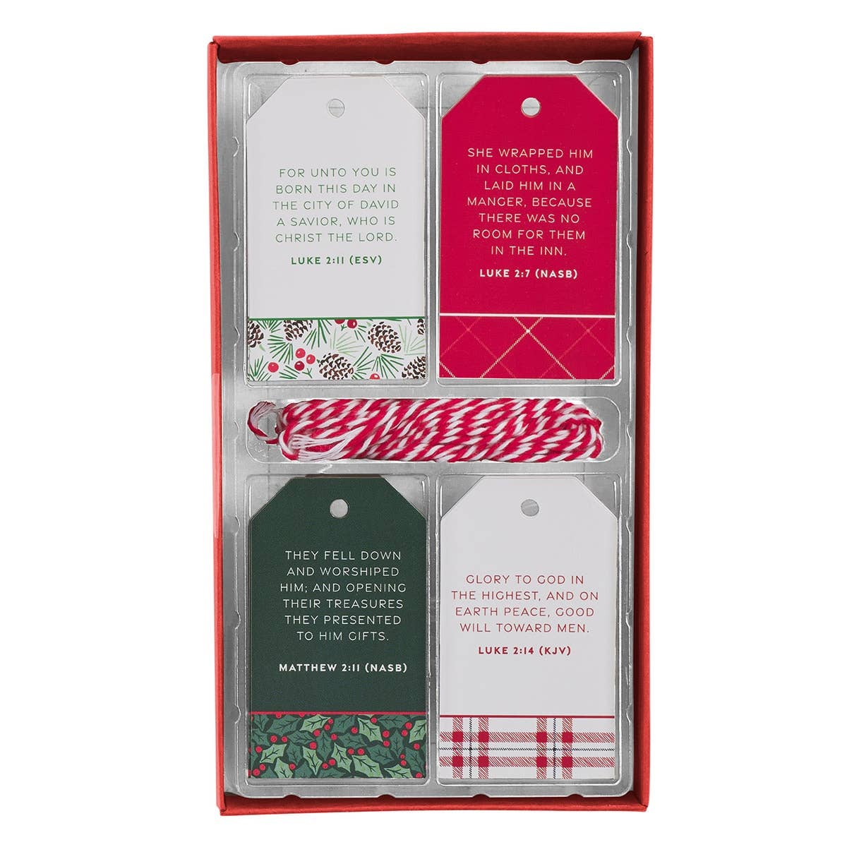 Set of 16 Christmas plaid gift tags featuring Christian Art Gifts branding, perfect for holiday gift wrapping.