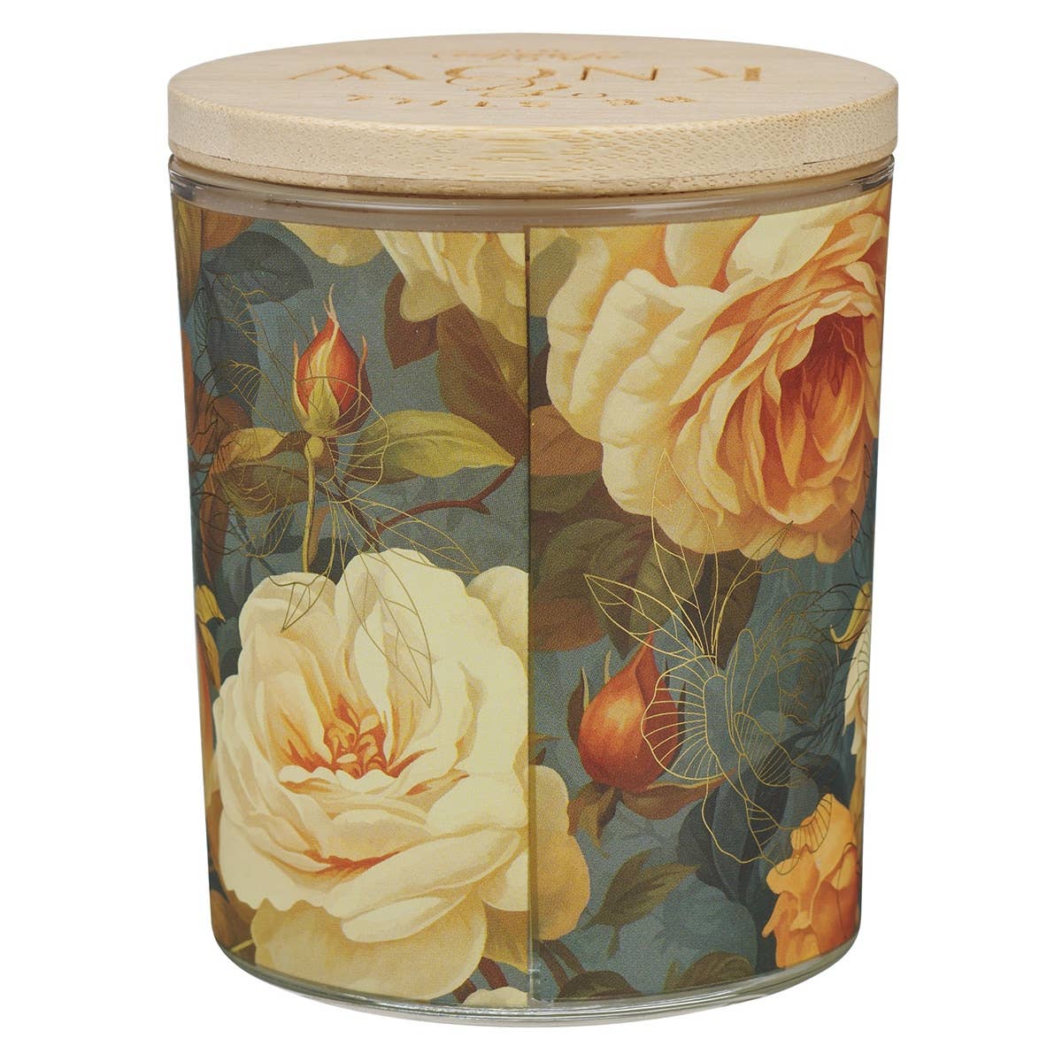 Clear glass candle with bamboo lid featuring floral design and Psalm 46:10 inscription, from Christian Art Gifts.