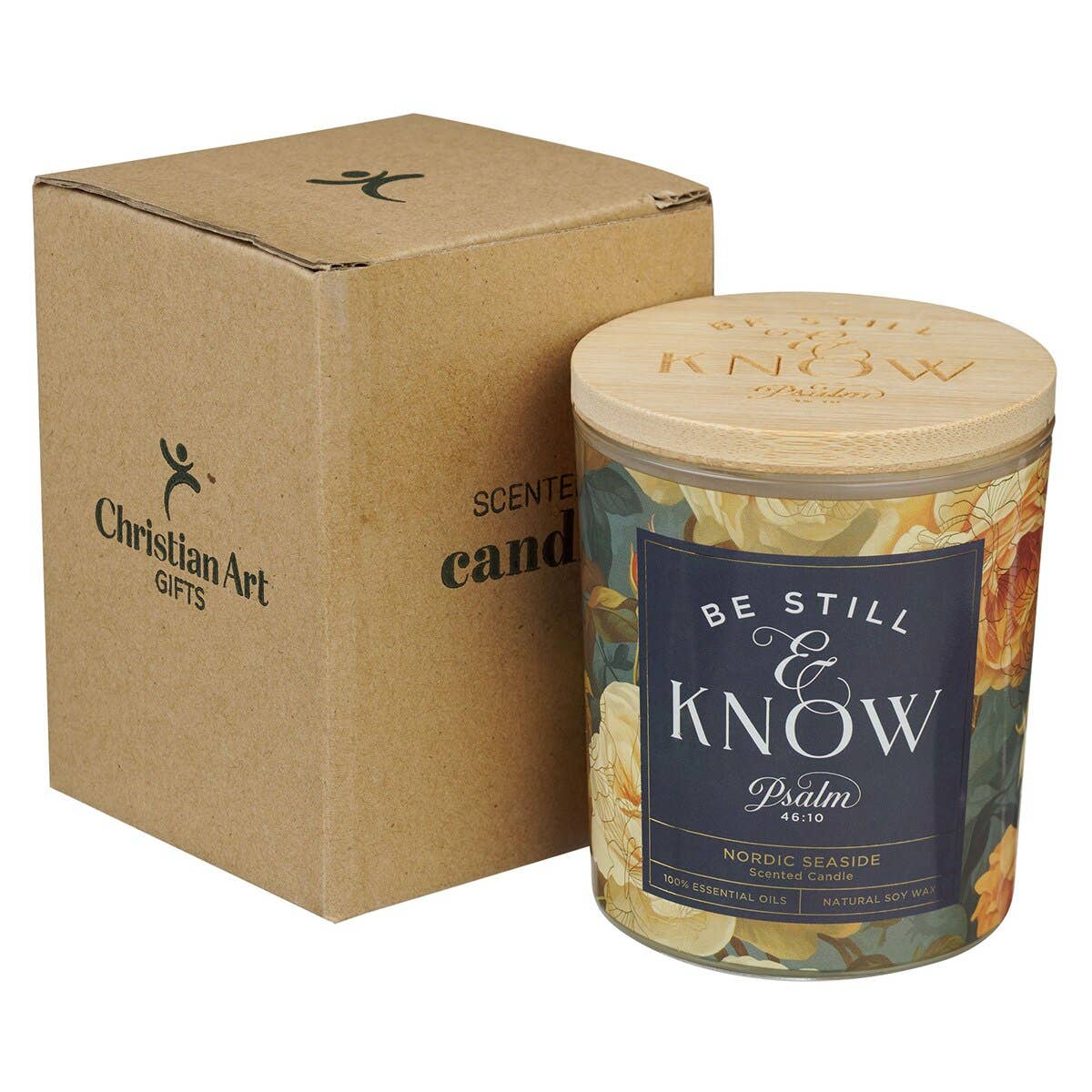 Clear glass candle with a bamboo lid featuring a floral design and Psalm 46:10 inscription, from Christian Art Gifts.