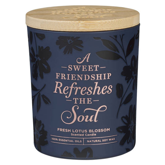 Christian Art Gifts navy glass candle with bamboo lid, featuring a sweet friendship quote and decorative design.