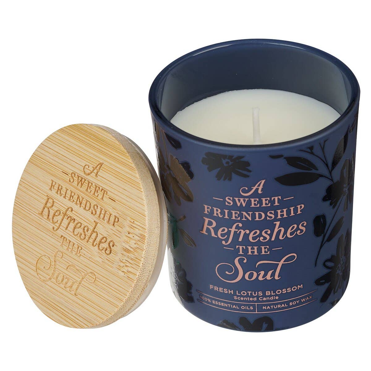 Navy glass candle with bamboo lid labeled "Sweet Friendship" by Christian Art Gifts, cozy and decorative for home.