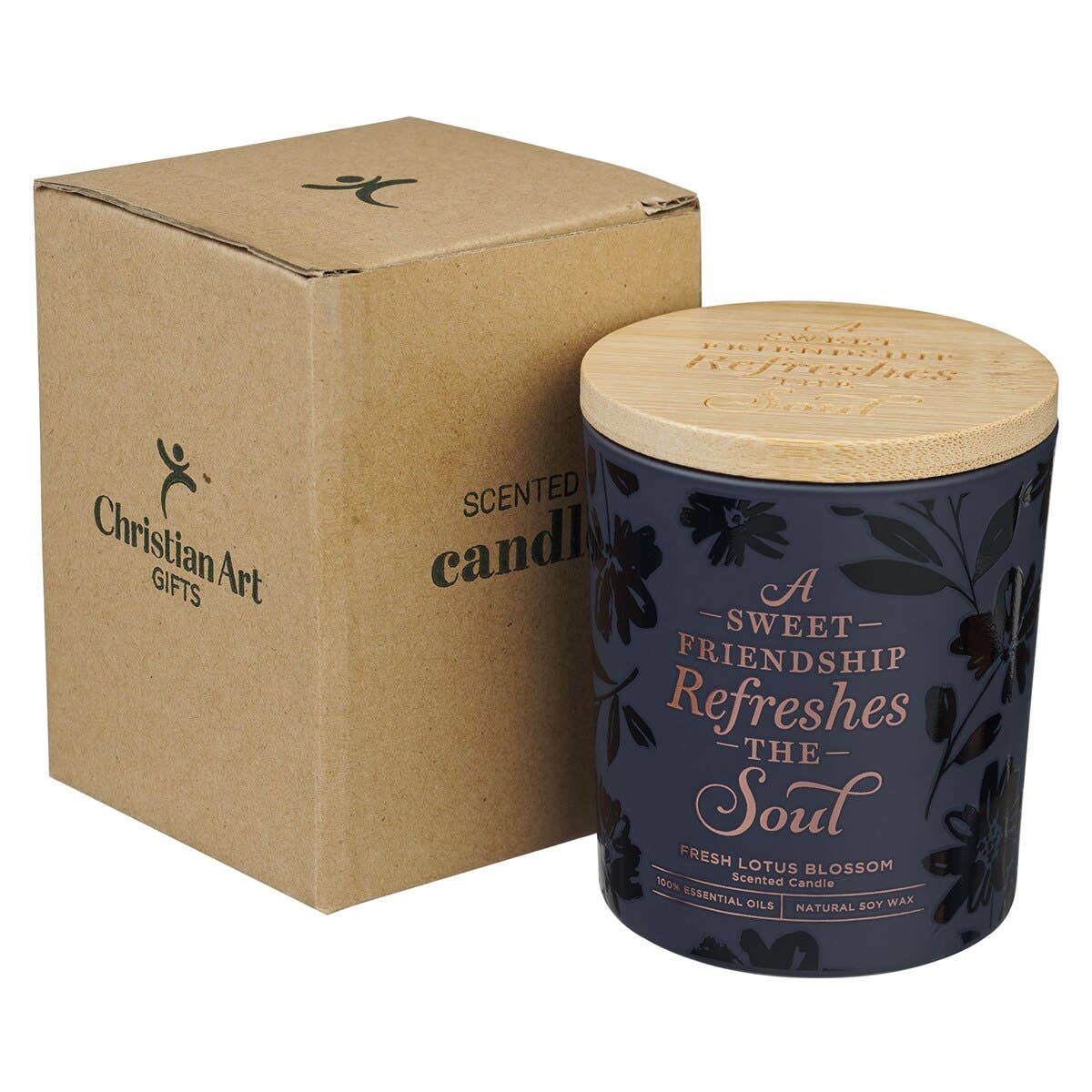 Navy glass candle with bamboo lid from Christian Art Gifts, featuring a sweet friendship message and decorative design.