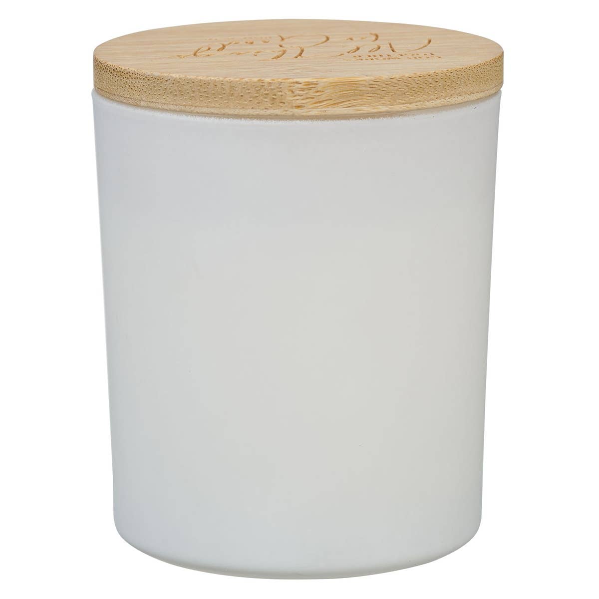 White glass candle with bamboo lid featuring a Christian art gift design and Bible verse Romans 8:28.