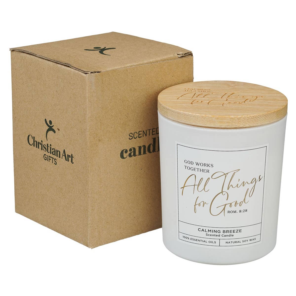 Glass candle with white body and bamboo lid featuring Christian Art Gifts branding, inspired by Romans 8:28 scripture.