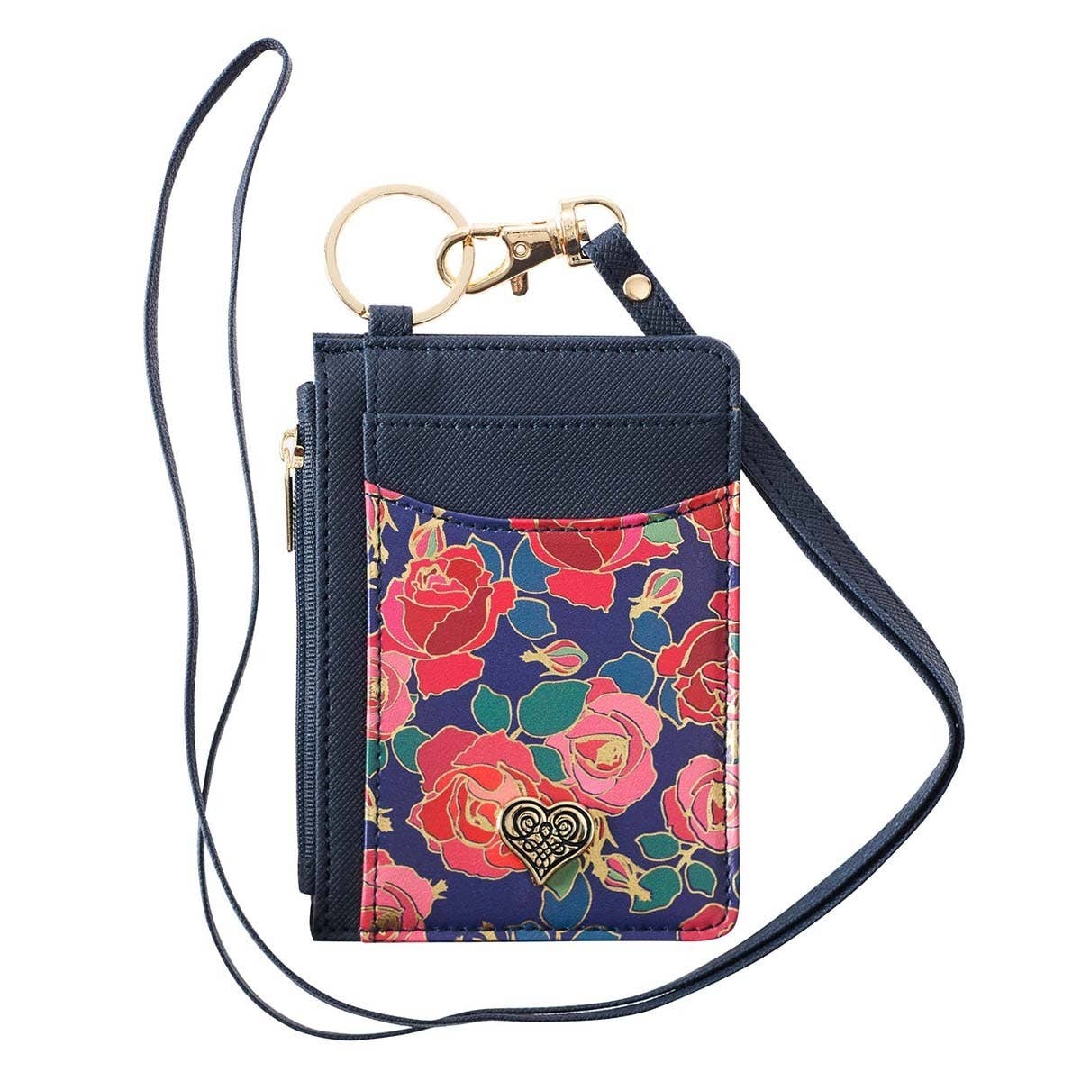 Navy floral printed ID card holder with filigree heart badge from Christian Art Gifts, featuring elegant floral design and secure clip.