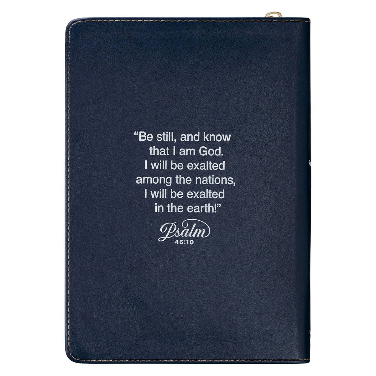 Christian Art Gifts Journal Classic Zip in navy with "Be Still" Psalm 46:10 inscription, featuring a durable zip closure and religious design.