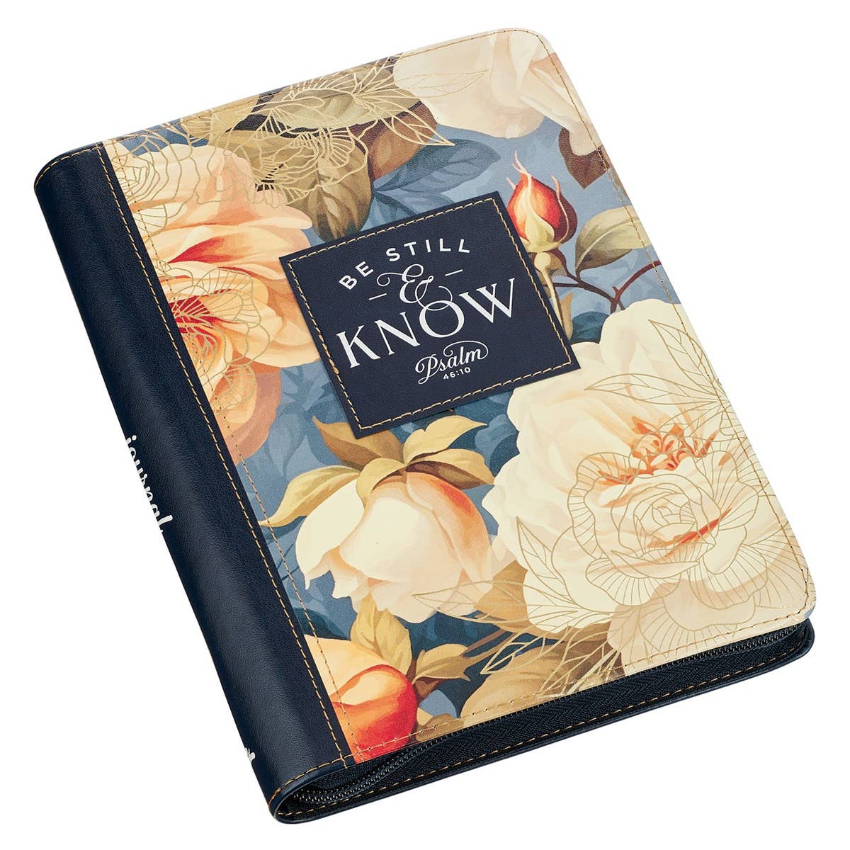 Christian Art Gifts Navy Journal Classic Zip featuring Psalm 46:10, with a be still design on the cover.