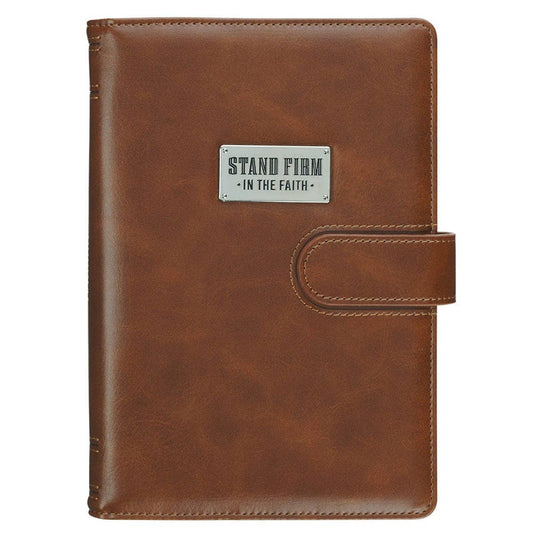 Brown Christian journal cover with lined insert featuring Stand Firm 1 Corinthians 16:13, by Christian Art Gifts
