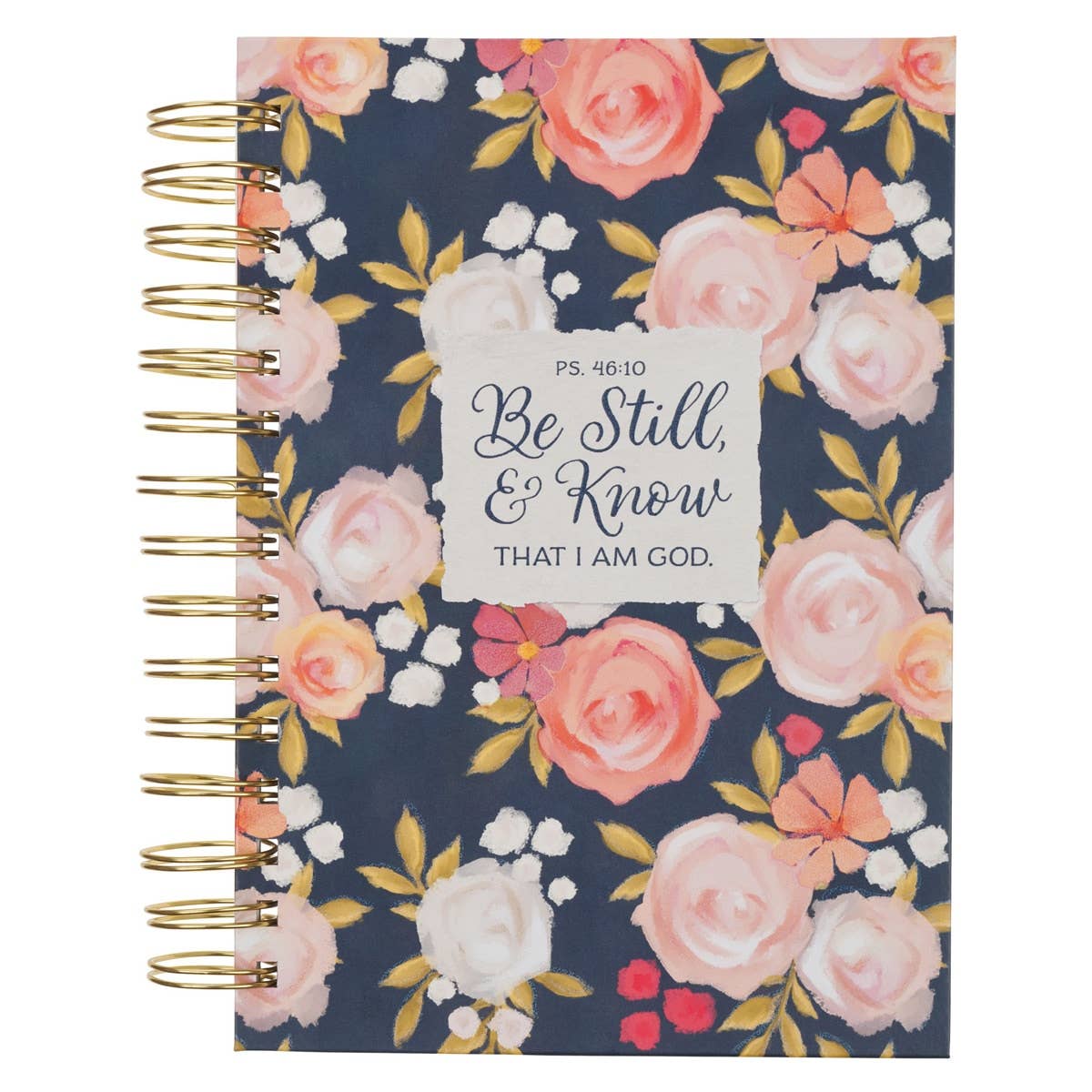 Spiral-bound Christian journal with Be Still Ps. 46:10 cover design, featuring inspirational scripture and floral accents.