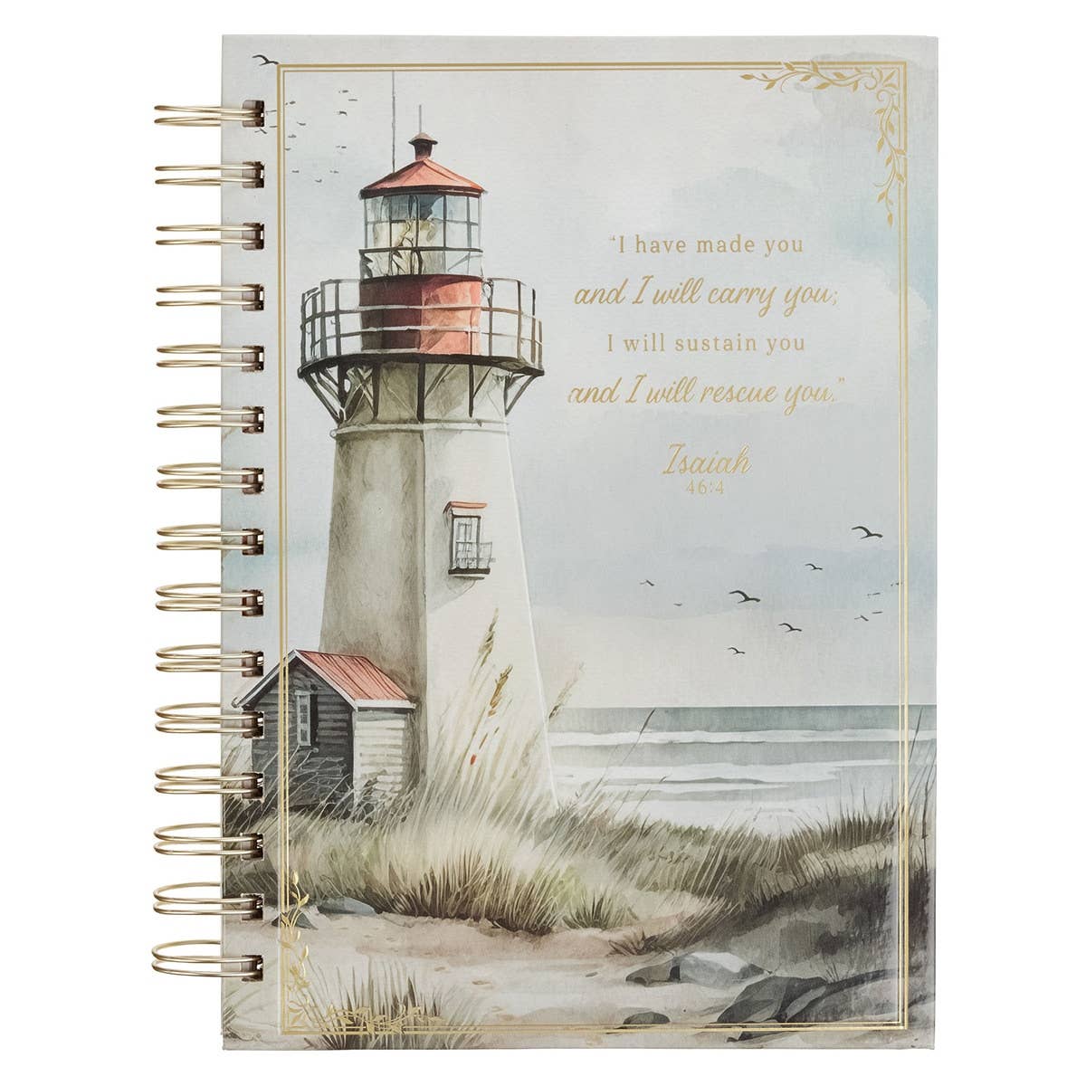 Wirebound Christian journal featuring lighthouse design and "I Will Carry You Isa. 46:4" inscription by Christian Art Gifts.