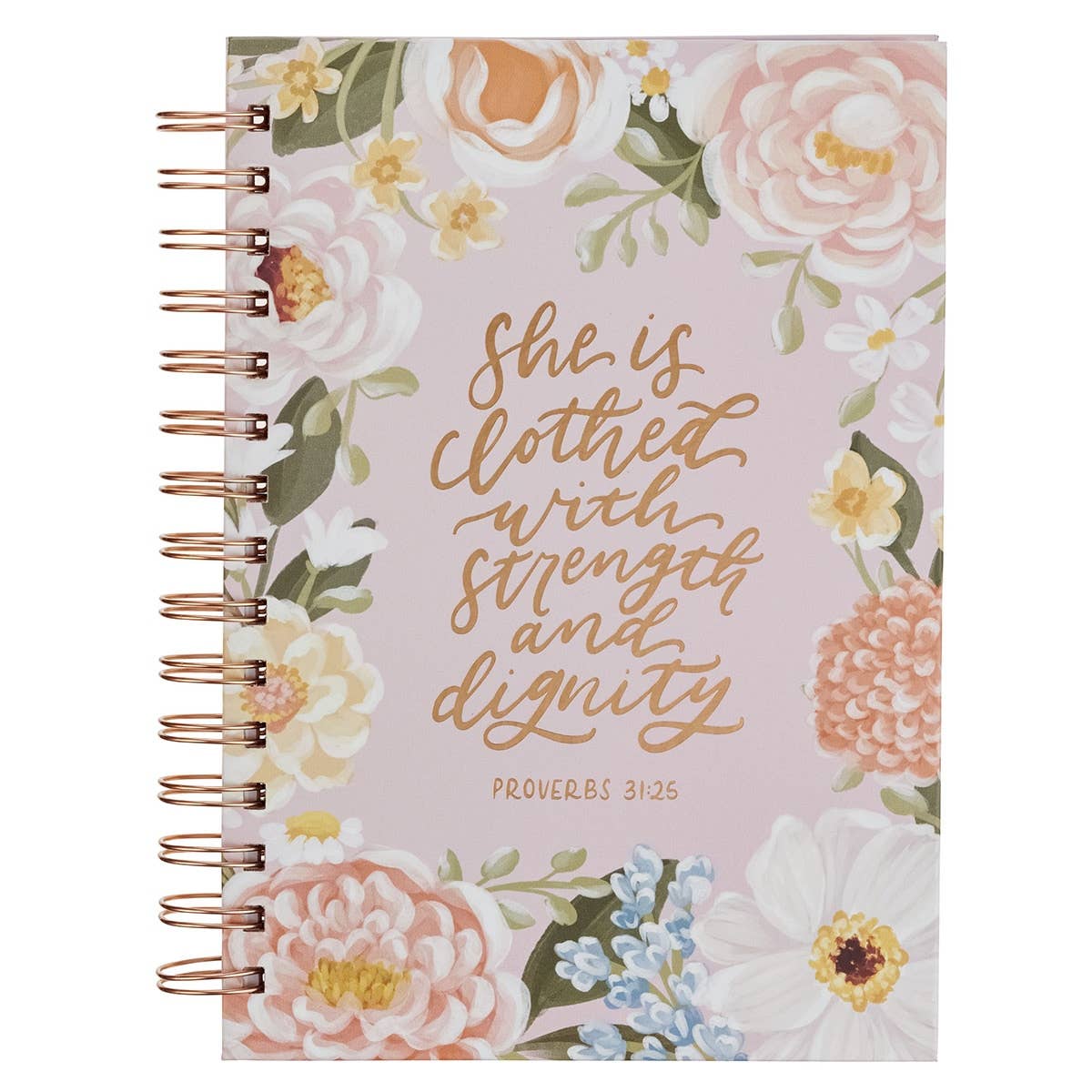 Pink floral wirebound journal featuring a Christian Art Gifts logo with the verse Proverbs 31:25 on the cover.
