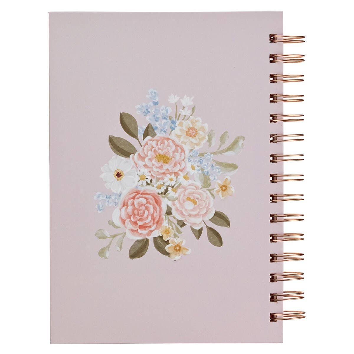 Wirebound pink floral journal featuring a Christian Art Gifts design with the verse Proverbs 31:25, showcasing its elegant cover.