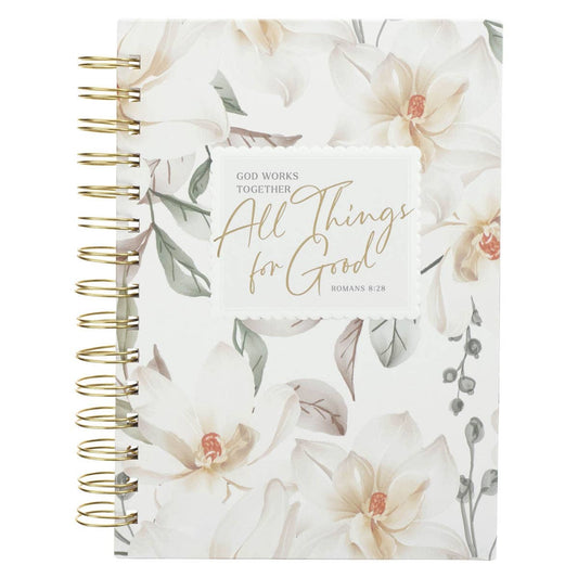 Wirebound white floral journal with "All Things For Good" Roman 8:27 verse, designed by Christian Art Gifts for inspirational writing.