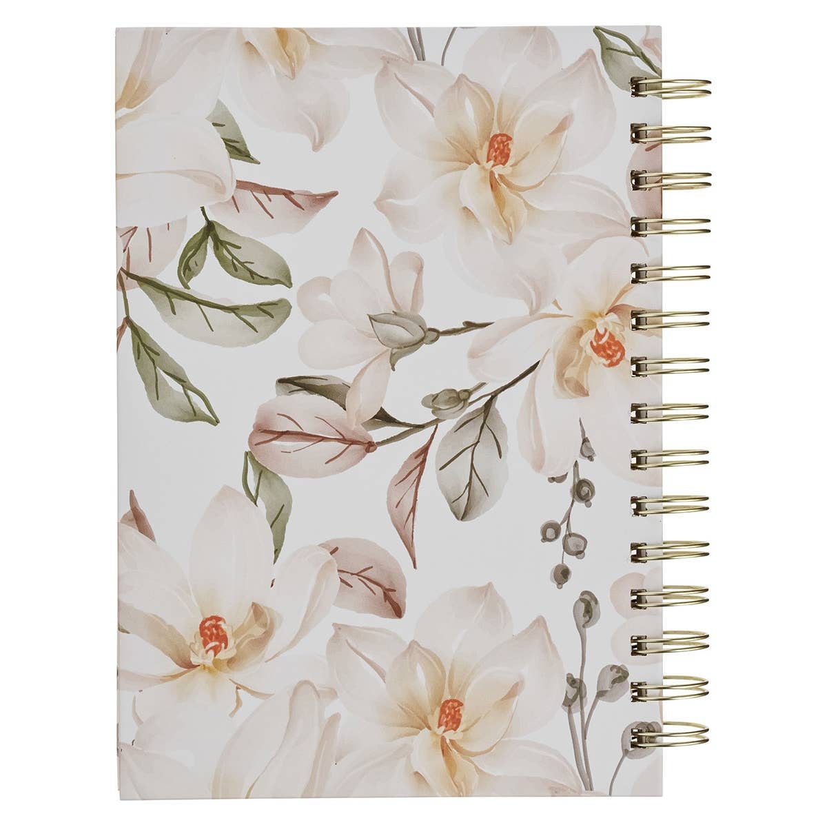 Wirebound white floral journal with "All Things For Good Rom. 8:27" Christian Art Gifts branding, featuring a delicate floral cover design.