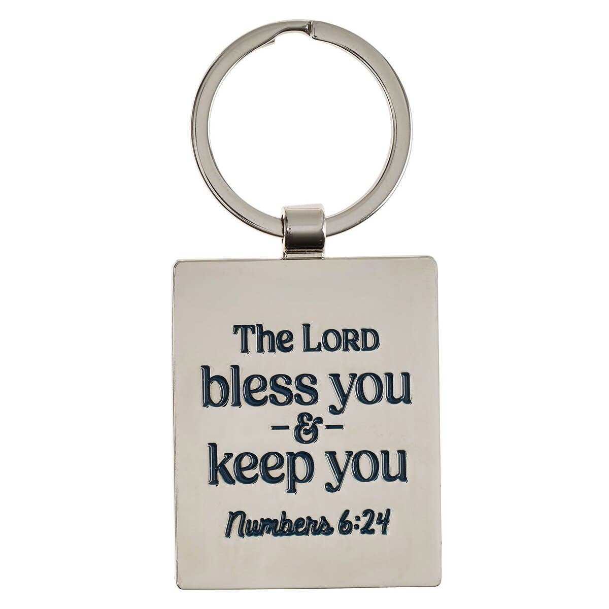 Christian Art Gifts keychain featuring a Bible verse from Matthew 6:24, with engraved design and a metal keyring.
