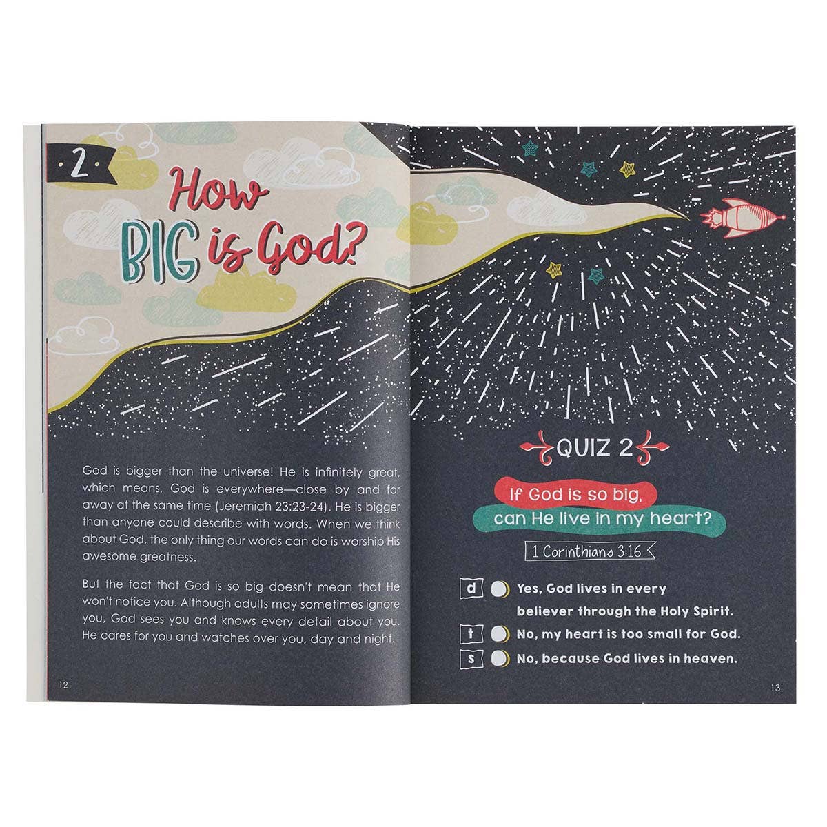 Kids' Bible Questions & Answers softcover book by Christian Art Gifts, featuring colorful illustrations and engaging religious content.