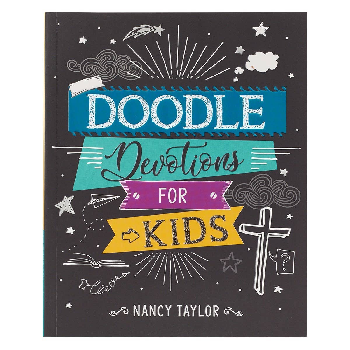 Open softcover Kid Book Doodle Devotions for Kids by Christian Art Gifts featuring colorful illustrations and space for doodling and prayer.