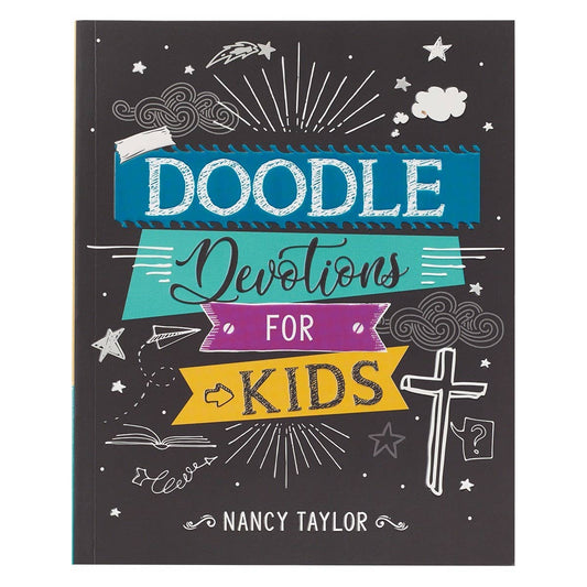 Open softcover Kid Book Doodle Devotions for Kids by Christian Art Gifts featuring colorful illustrations and space for doodling and prayer.