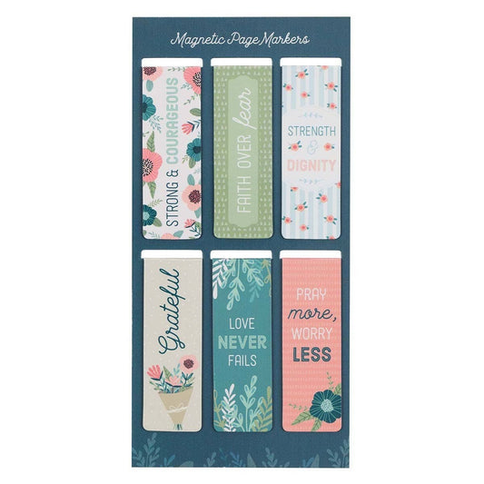 Christian Art Gifts floral garden magnetic bookmark set featuring colorful floral designs and intricate patterns for book marking.