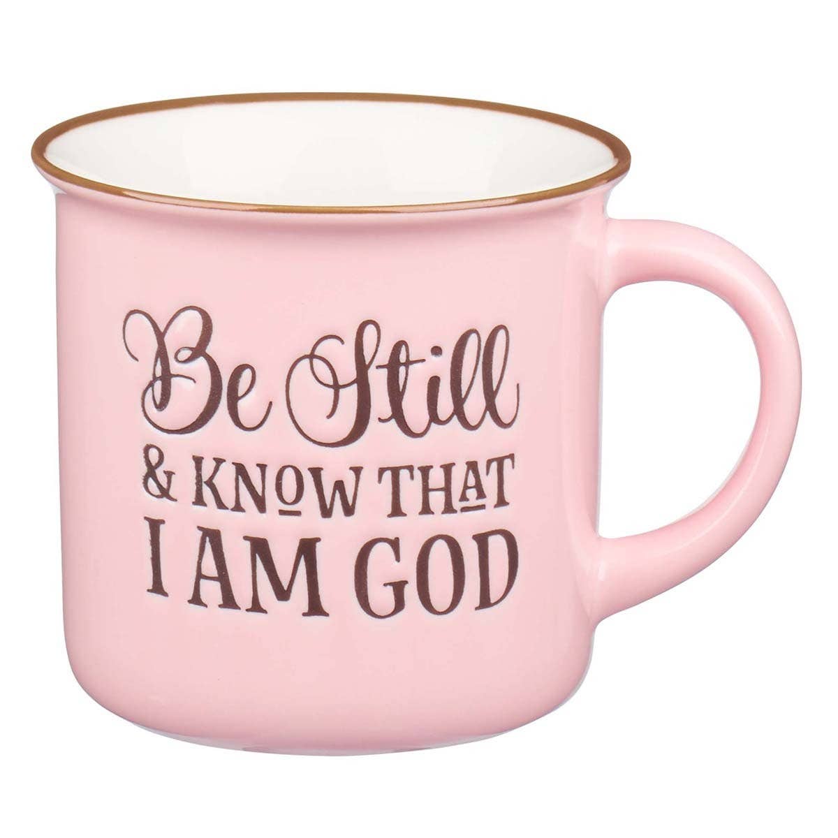Pink and white ceramic mug with "Be Still & Know" Christian Art Gifts branding, featuring a motivational design on a white background.