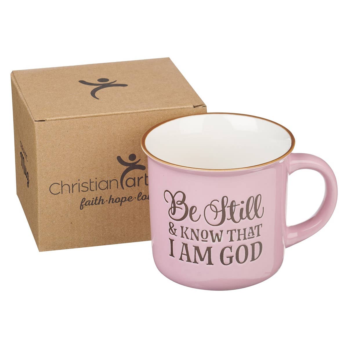 Pink and white ceramic mug with "Be Still & Know" Christian Art Gifts logo and design, ideal for faith-based gifting.