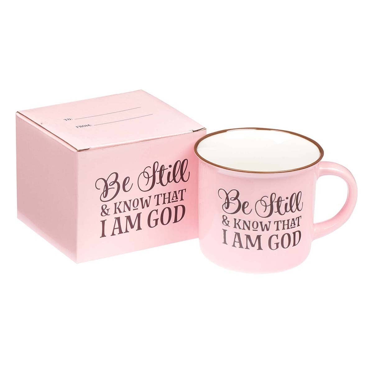 Pink and white ceramic mug with "Be Still & Know" Christian Art Gifts logo, featuring a peaceful design and inspirational message.