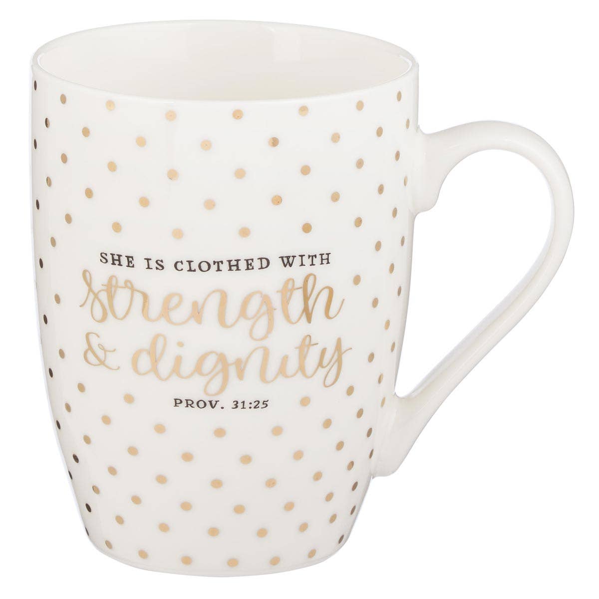 White ceramic mug with gold polka dots, featuring "Strength & Dignity" quote, from Christian Art Gifts.