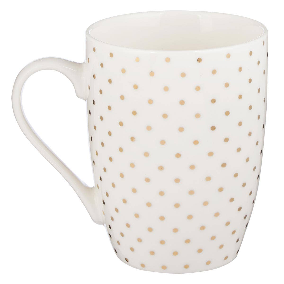 White ceramic mug with gold polka dots featuring "Strength & Dignity" quote, Christian Art Gifts branding.