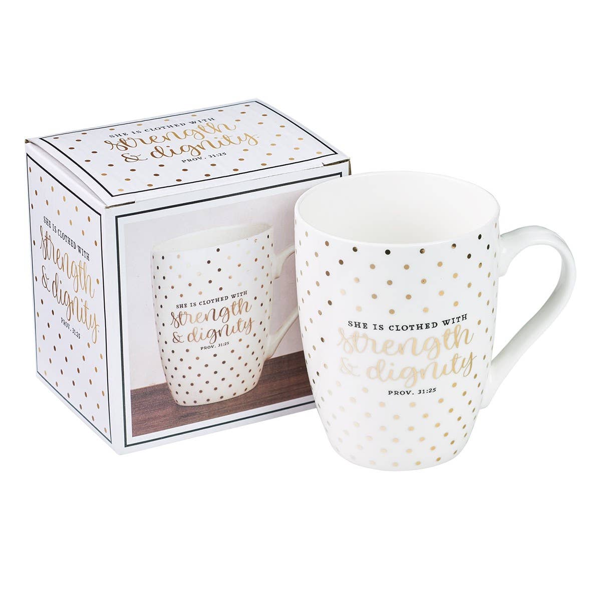 White ceramic mug with gold polka dots featuring the "Strength & Dignity" quote by Christian Art Gifts.