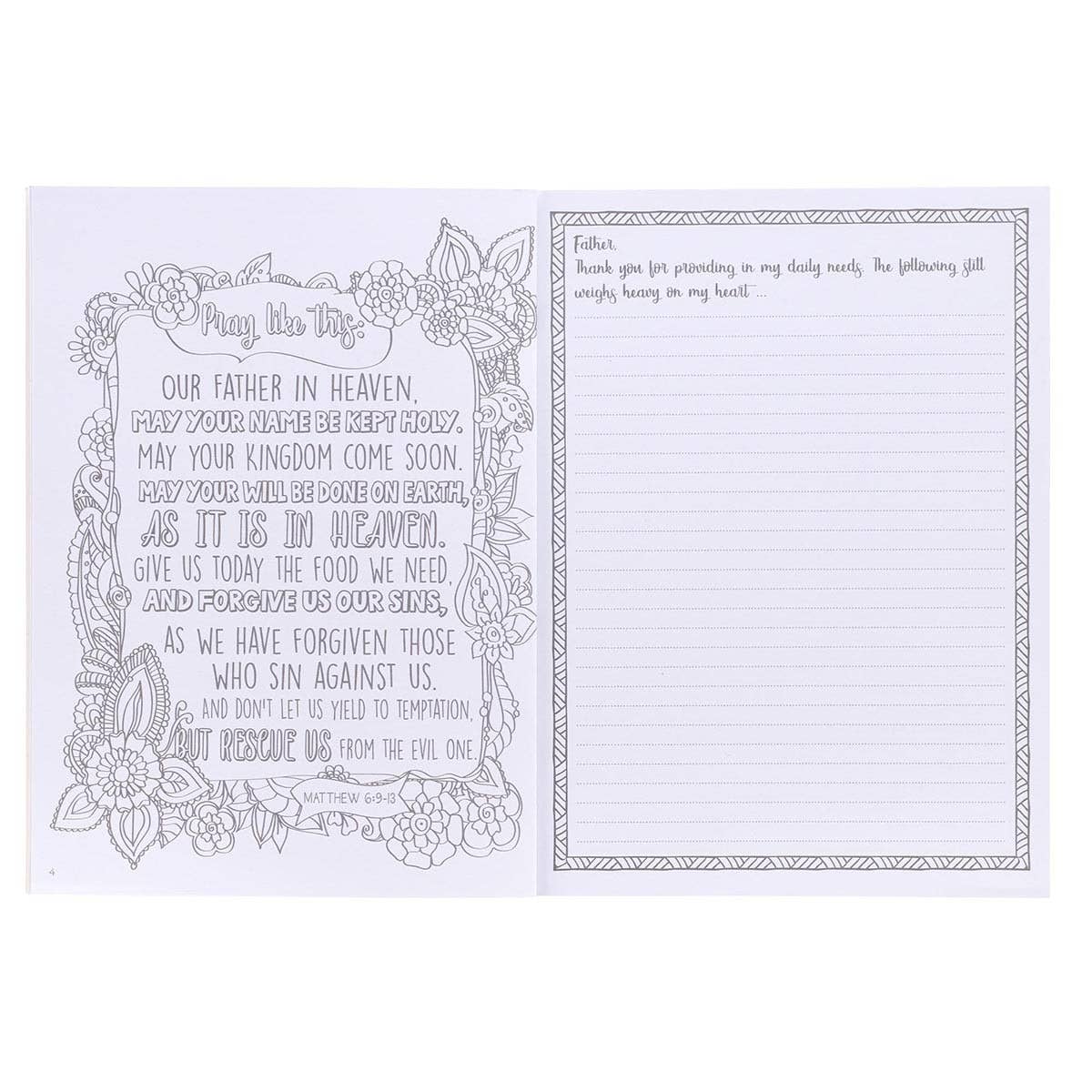 Coloring prayer journal by Christian Art Gifts featuring intricate designs and inspirational Christian-themed illustrations.