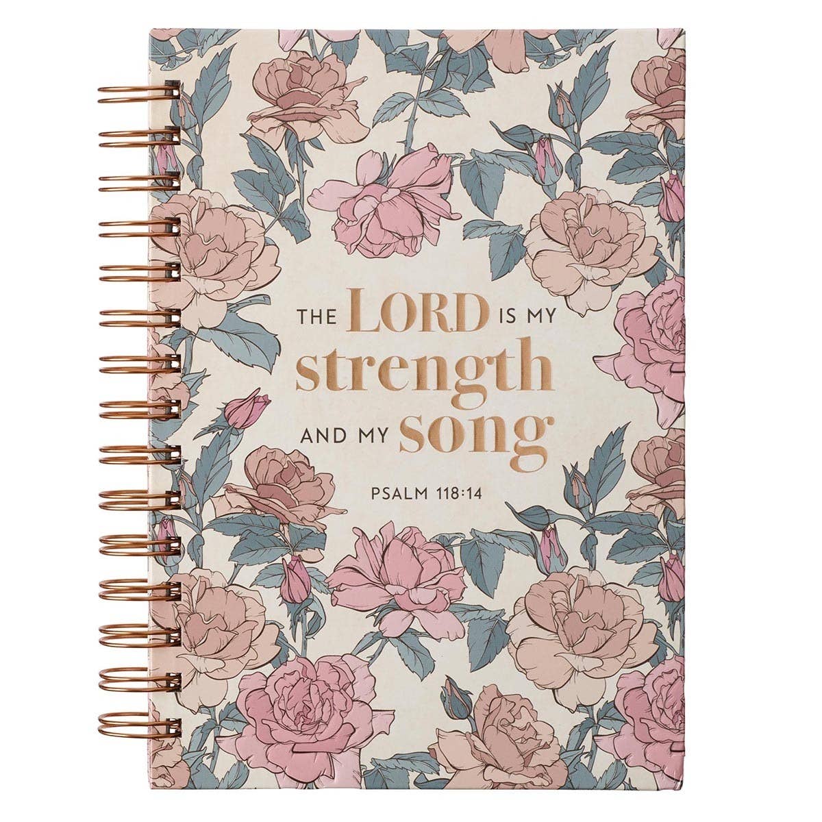 Pink rose wirebound journal titled "My Strength and My Song" with Psalm reference, featuring Christian Art Gifts branding.
