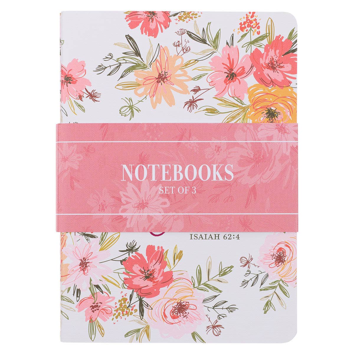 Set of three Christian-themed notebooks with white and pink covers featuring Bible verse designs by Christian Art Gifts