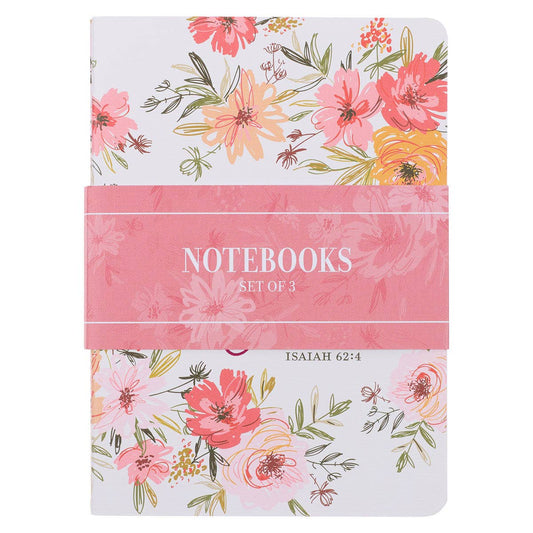 Set of three Christian-themed notebooks with white and pink covers featuring Bible verse designs by Christian Art Gifts