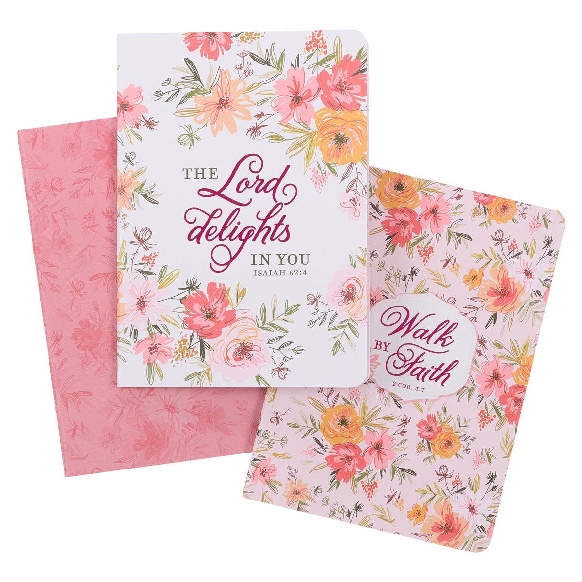 Set of three Christian-themed notebooks in white and pink with Bible verse covers, featuring inspirational scripture designs.